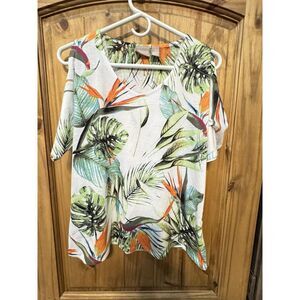 Chicos Tropical Rain‎ Forest Women's Scoop Neck Cold Shoulder T-Shirt Size 1